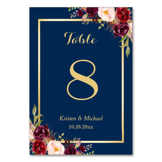Classy Burgundy Floral Gold Navy Blue Table Number