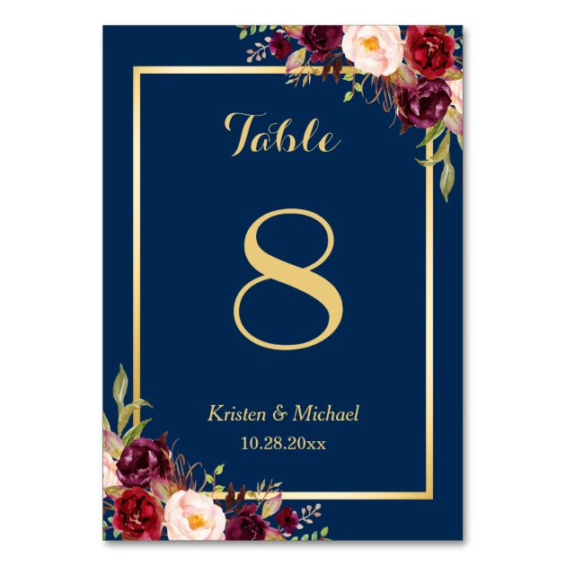 Classy Burgundy Floral Gold Navy Blue Table Number Card