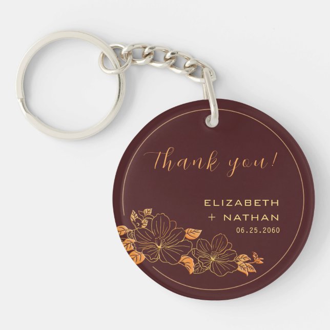 Classy Burgundy Gold Floral Wedding Thank You Keychain (Front)