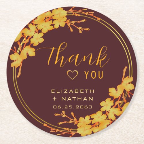 Classy Burgundy Gold Floral Wedding Thank You Round Paper Coaster