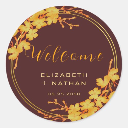 Classy Burgundy Gold Floral Wedding Welcome Classic Round Sticker