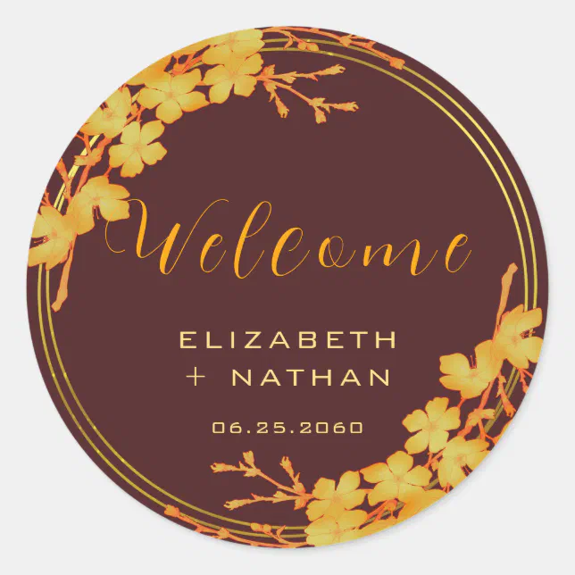 Classy Burgundy Gold Floral Wedding Welcome Classic Round Sticker | Zazzle