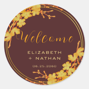 Classy Burgundy Gold Floral Wedding Welcome Classic Round Sticker