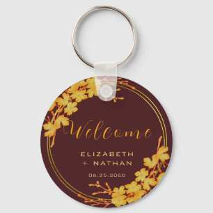 Classy Burgundy & Gold Floral Wedding Welcome Keychain