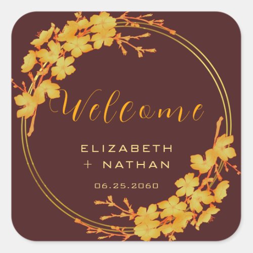 Classy Burgundy  Gold Floral Wedding Welcome Square Sticker
