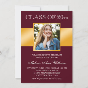 Classy Burgundy Gold Photo Graduation Announcement