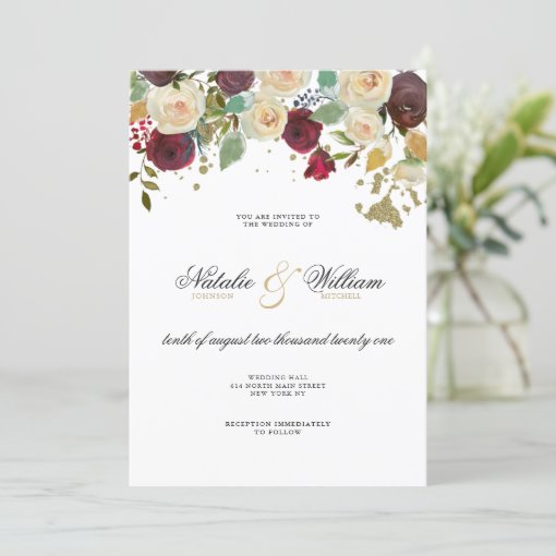 Classy burgundy ivory gold glitter floral wedding invitation | Zazzle