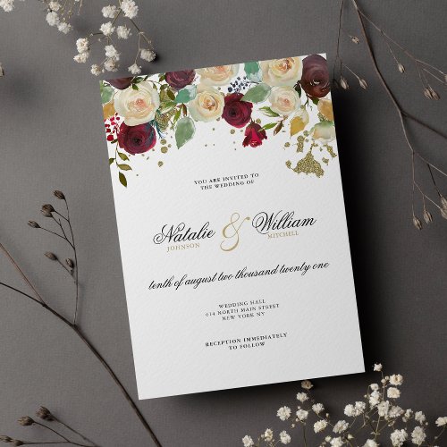 Classy burgundy ivory gold glitter floral wedding invitation
