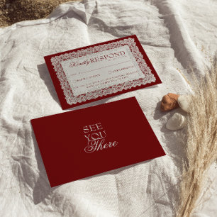 Classy Burgundy Lace Doily Old Money Retro Wedding RSVP Card