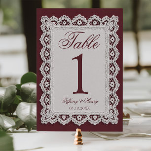 Classy Burgundy Lace Doily Wedding Table Number