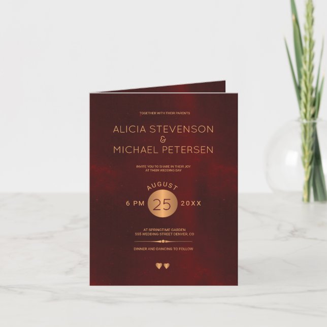 Classy burgundy metallic copper gold photo wedding invitation (Front)