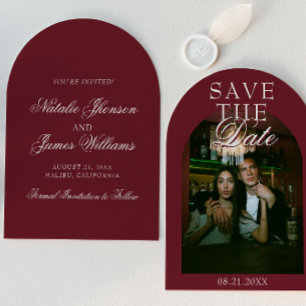 Classy Burgundy Old Money Photo Arched Wedding Save The Date