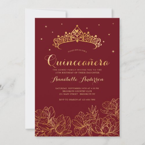 Classy Burgundy Red Gold Quinceaera Floral Tiara Invitation