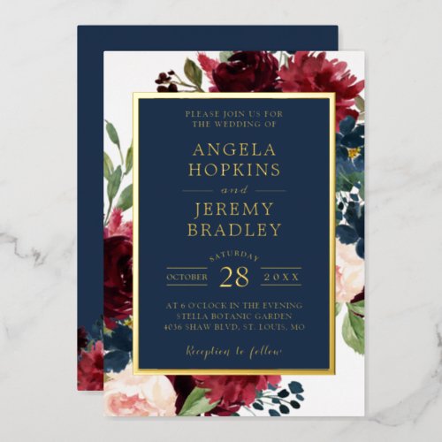 Classy Burgundy Red Navy Blue Floral Wedding Real Foil Invitation
