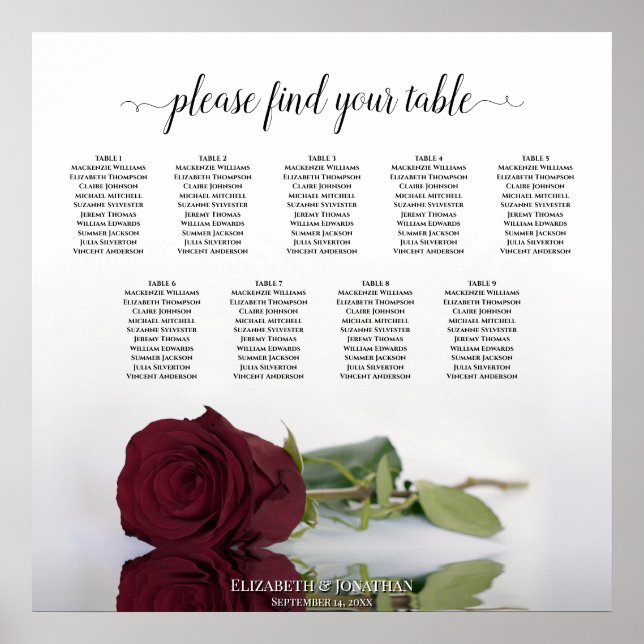 Classy Burgundy Rose 9 Table Wedding Seating Chart (Front)