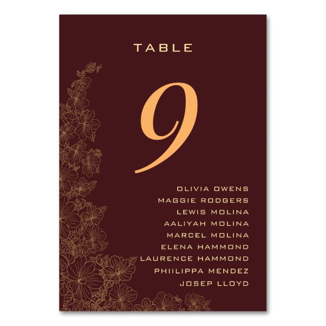 Classy Burgundy Subtle Floral Pattern Names  Table Number (Front)