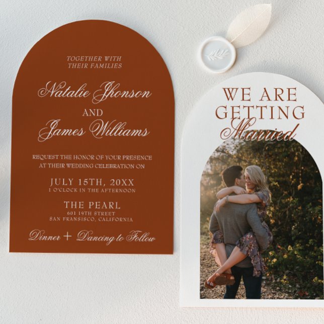 Classy Burnt Orange Boho Terracotta Arched Wedding Invitation (Creator Uploaded)