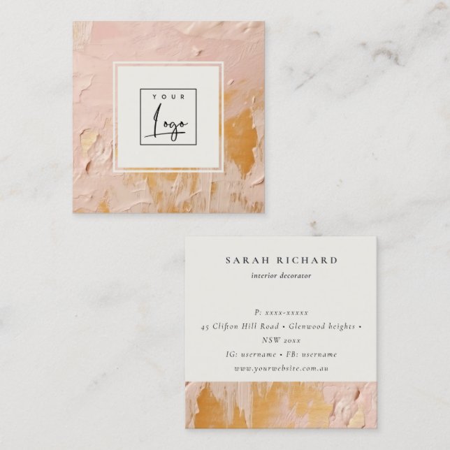 Classy Bush Pink Gold Oil Paint Texture Logo Square Business Card (Front/Back)
