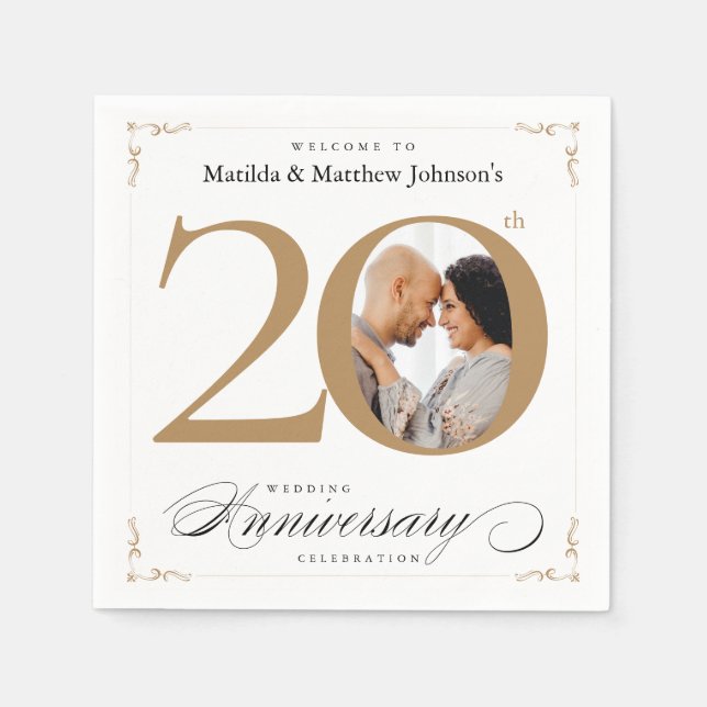 Classy Calligraphy 20th Anniversary White Gold Napkins (Front)