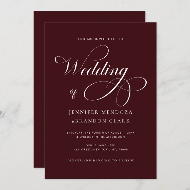 Classy Calligraphy Burgundy All in One Wedding Invitation (Front/Back)