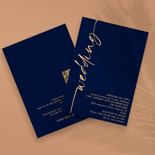 Classy Calligraphy QR Code Navy Gold Wedding Invitation