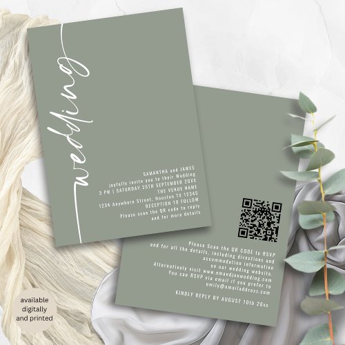 Classy Calligraphy QR Code Sage Green Wedding Invitation