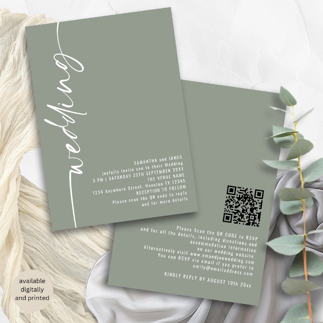 Classy Calligraphy QR Code Sage Green Wedding Invitation (Front and back view)