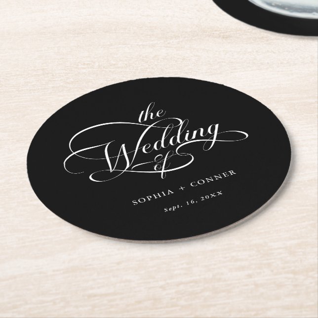 Classy Calligraphy Wedding Black  Round Paper Coaster (Angled)
