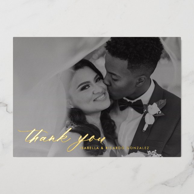 Classy Calligraphy Wedding Photo Thank You Real Foil Invitation (Front)