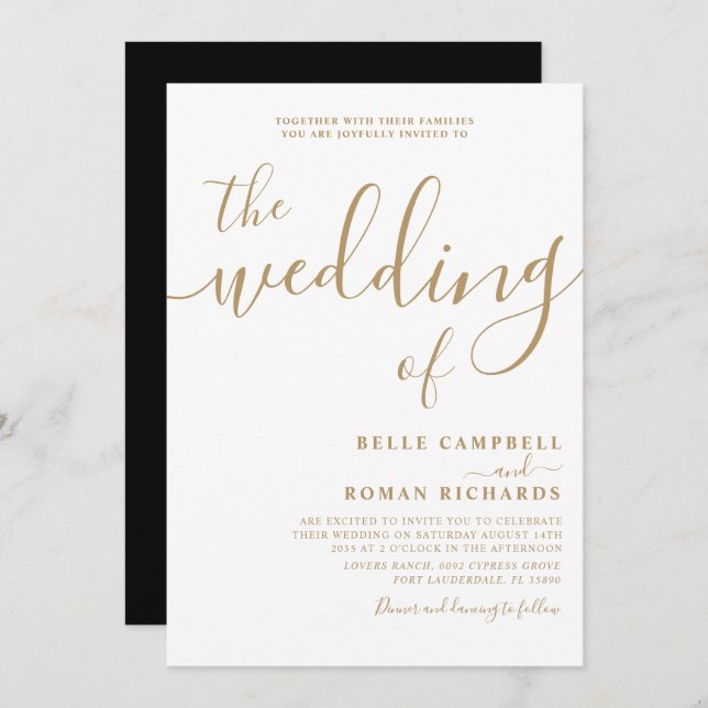 Classy Calligraphy White & Gold Wedding  Invitation (Front/Back)