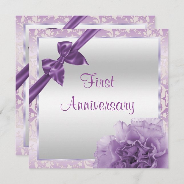 Classy Carnation & Bow 1st Wedding Anniversary Invitation (Front/Back)