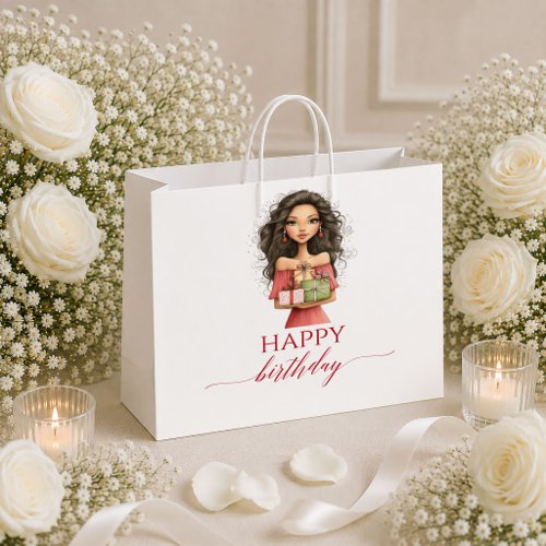 Classy Cartoon Woman Deep Red Script Birthday gift Large Gift Bag