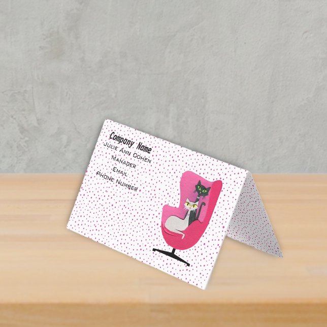 Classy Cats Mid century Pink Chair Polka Dots Business Card (Classy midcentury cats in pink chair on white with pink polkadots standing business card.)