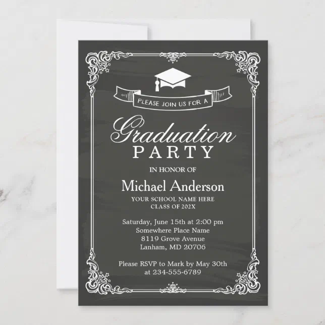 Classy Chalkboard Frame Modern Graduation Party Invitation | Zazzle