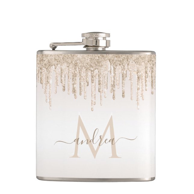Classy Champagne Glitter Dripping Monogrammed Name Flask (Front)