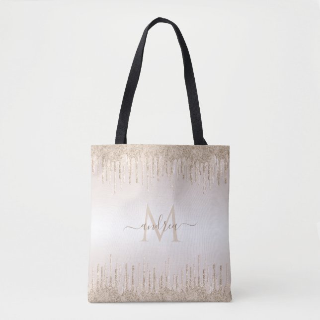 Classy Champagne Glitter Dripping Monogrammed Name Tote Bag (Front)