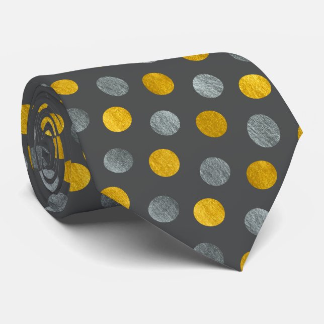  Classy Charcoal Silver and Gold Polka Dots Custom Neck Tie (Rolled)