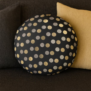  Classy Charcoal Silver Gold Polka Dots Round Grey Pillow