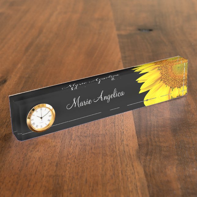 Classy Cheerful Sunflower Monogram Desk Name Plate (Side)
