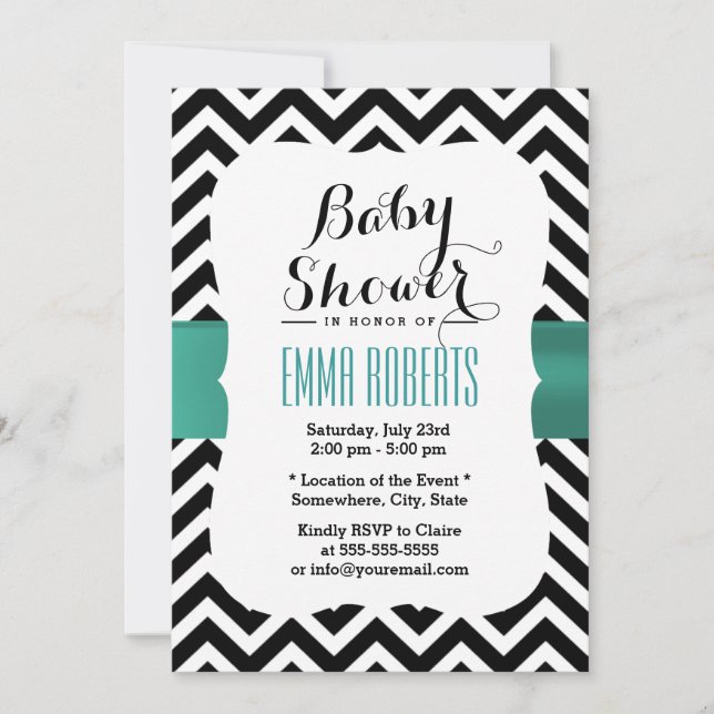 Classy Chevron Stripes Teal Ribbon Baby Shower Invitation (Front)