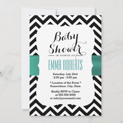 Classy Chevron Stripes Teal Ribbon Baby Shower 5x7 Paper Invitation Card