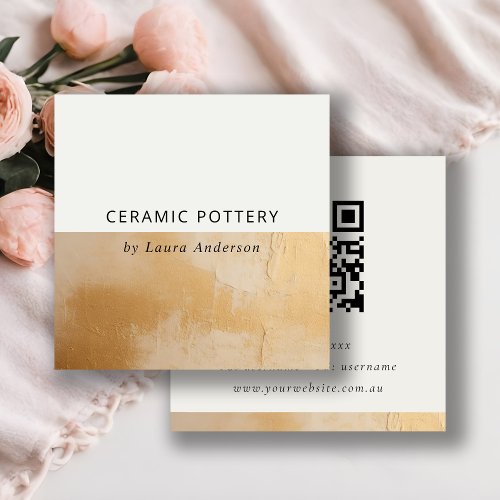 Classy Chic Beige Gold Oil Paint Texture QR Code Square Business Card