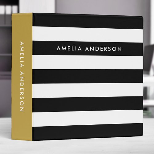 Classy Chic Black and White Stripes with Gold Side 3 Ring Binder