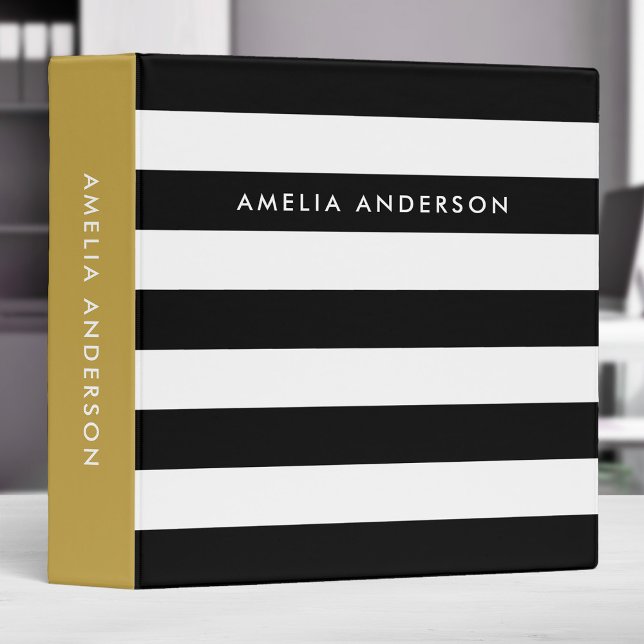 Classy Chic Black and White Stripes with Gold Side 3 Ring Binder (Creator Uploaded)