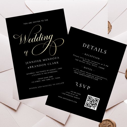 Classy Chic Calligraphy Black All in One Wedding Foil Invitation