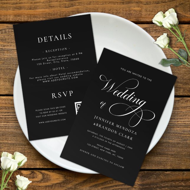 Classy Chic Calligraphy Black All in One Wedding Invitation (Creator Uploaded)