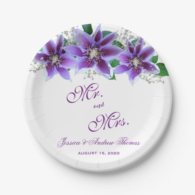 Classy Chic Clematis Wedding Paper Plates (Front)