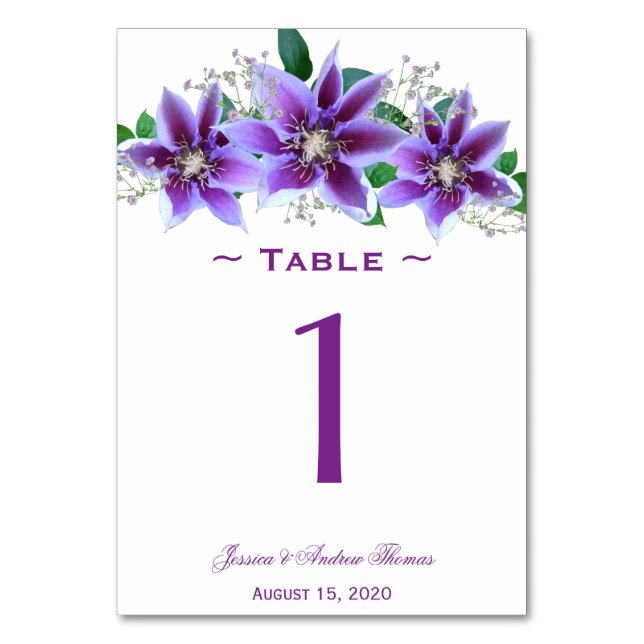 Classy Chic Clematis Wedding Table Number (Front)