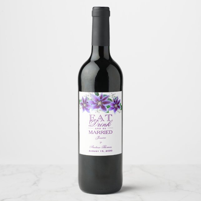 Classy Chic Clematis Wedding Wine Label (Front)