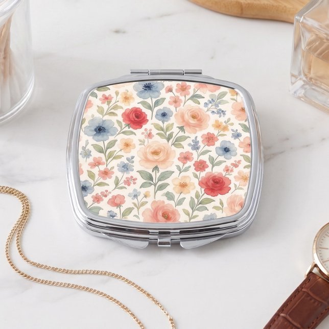 Classy Chic Compact Mirror With Floral Art Pattern (Creator Uploaded)